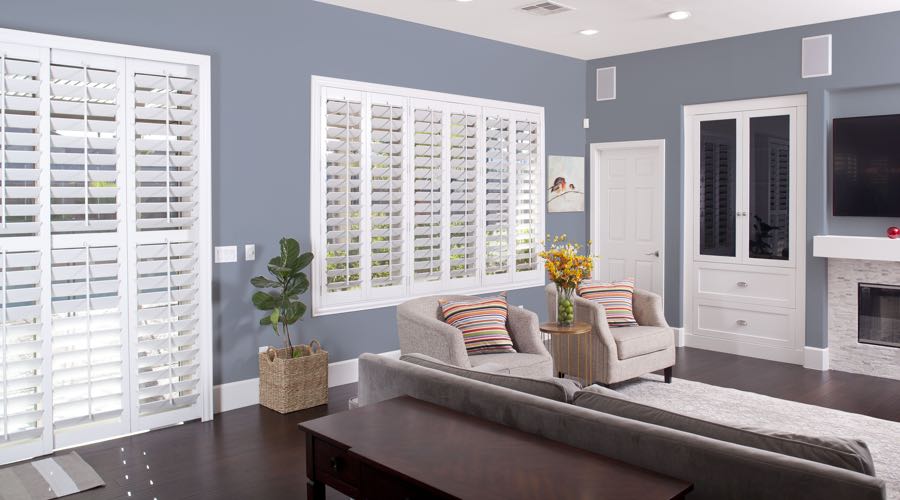 Faux Wood Shutters In blue Chicago Living Room